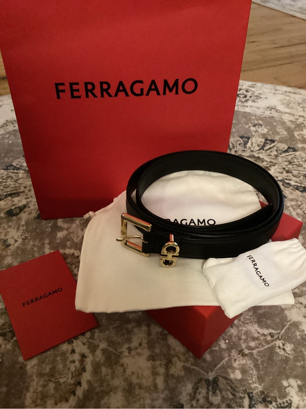 Salvatore Ferragamo Black Leather Belt with Gold Gancio Buckle